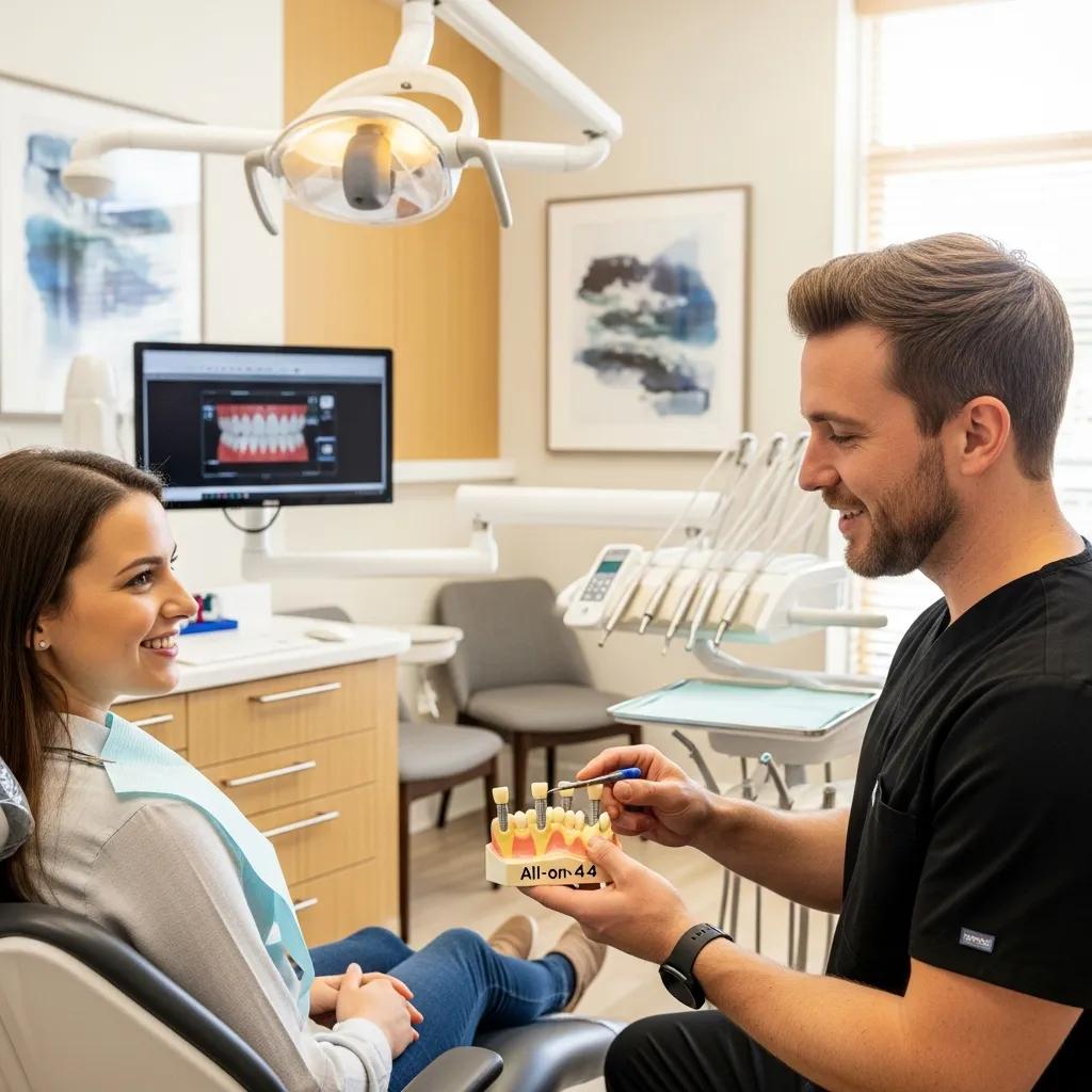 smiling-patient-consulting-with-dentist-about-all-on-4-dental-implants-in-a-modern-dental-clinic