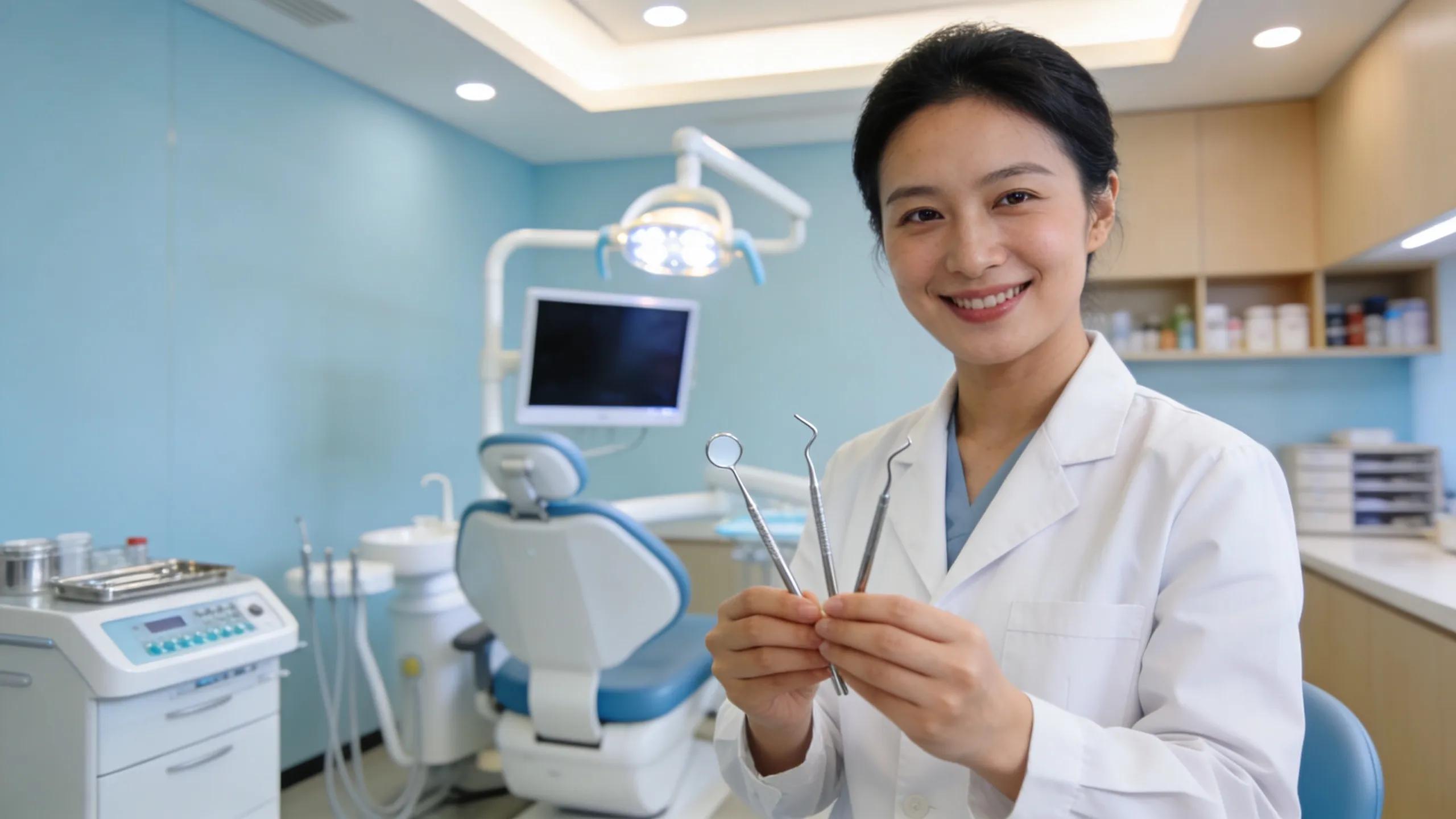 dentist holding teeth cleaning tools
